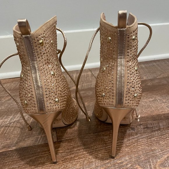 Rhinestone Booties, Laced Up Booties, Nude Heels - Picture 2 of 7